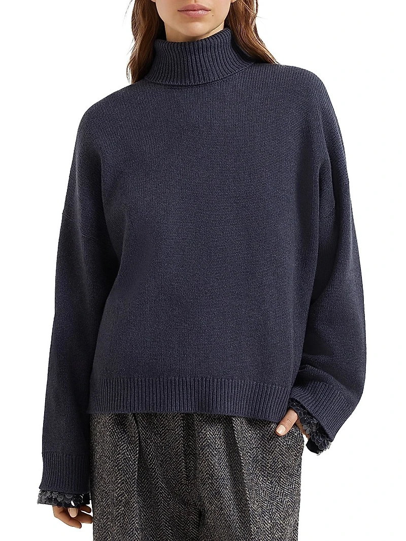 Virgin Wool, Cashmere and Silk Turtleneck Sweater with Swing Drops Cuffs