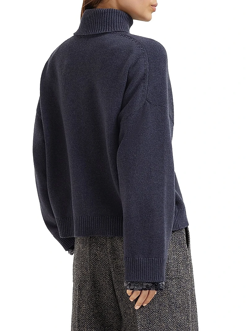 Virgin Wool, Cashmere and Silk Turtleneck Sweater with Swing Drops Cuffs