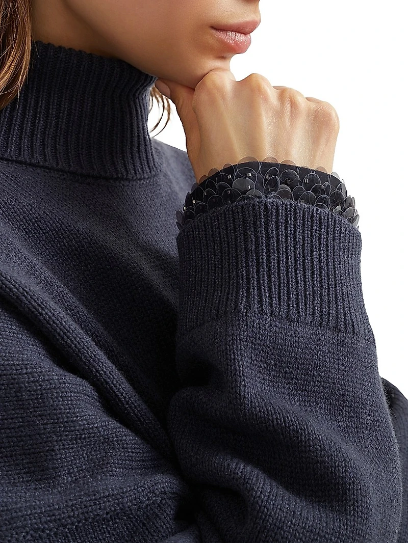 Virgin Wool, Cashmere and Silk Turtleneck Sweater with Swing Drops Cuffs