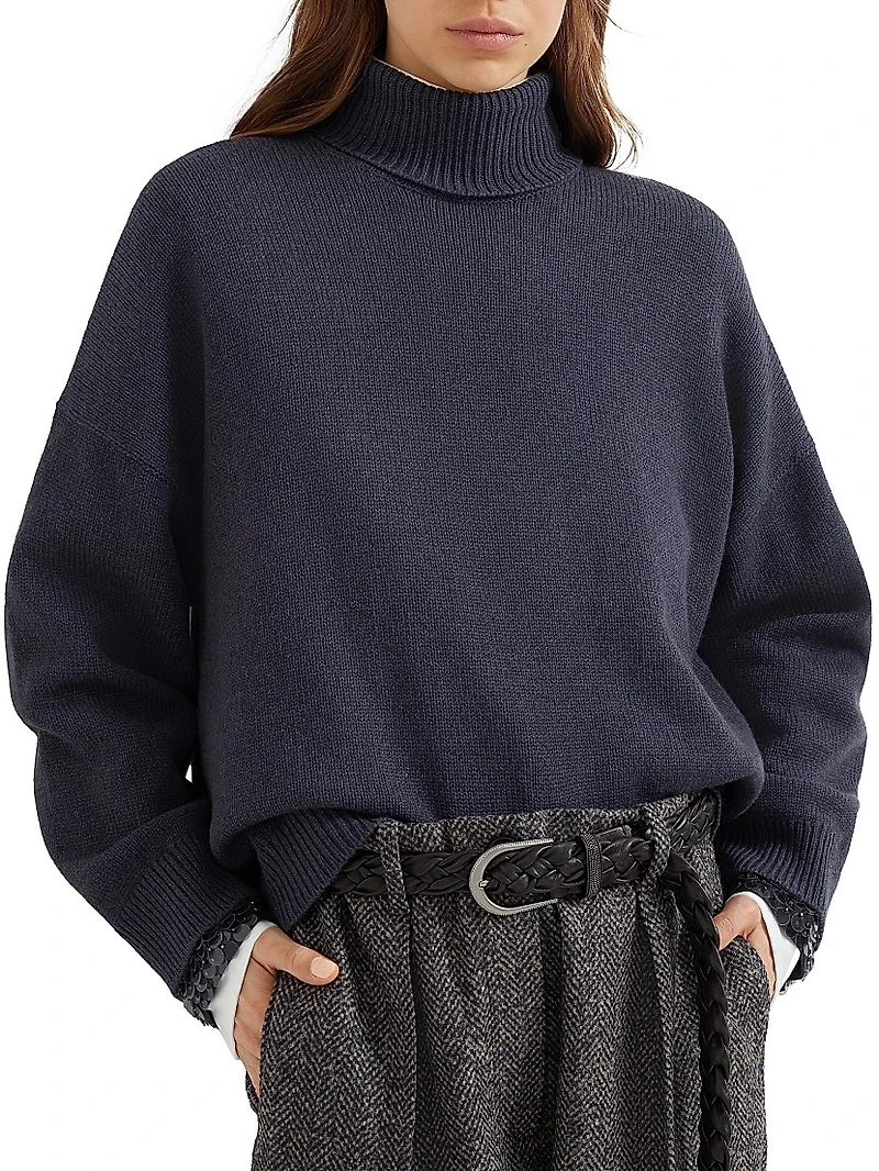 Virgin Wool, Cashmere and Silk Turtleneck Sweater with Swing Drops Cuffs