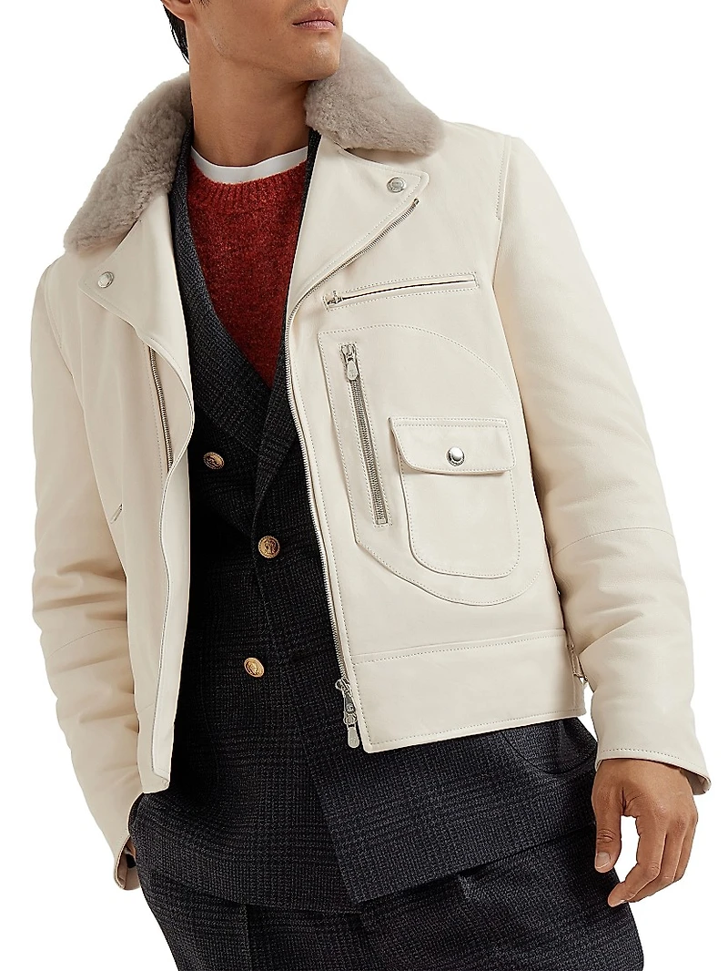 Nappa Leather Biker Jacket with Thermore® Padding and Detachable Shearling Collar