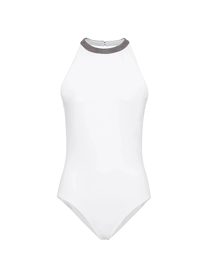 Techno Jersey Bathing Suit with Precious Collar