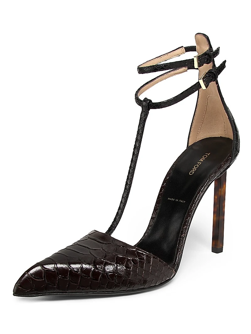 100MM Python-Embossed Leather Strappy Pumps