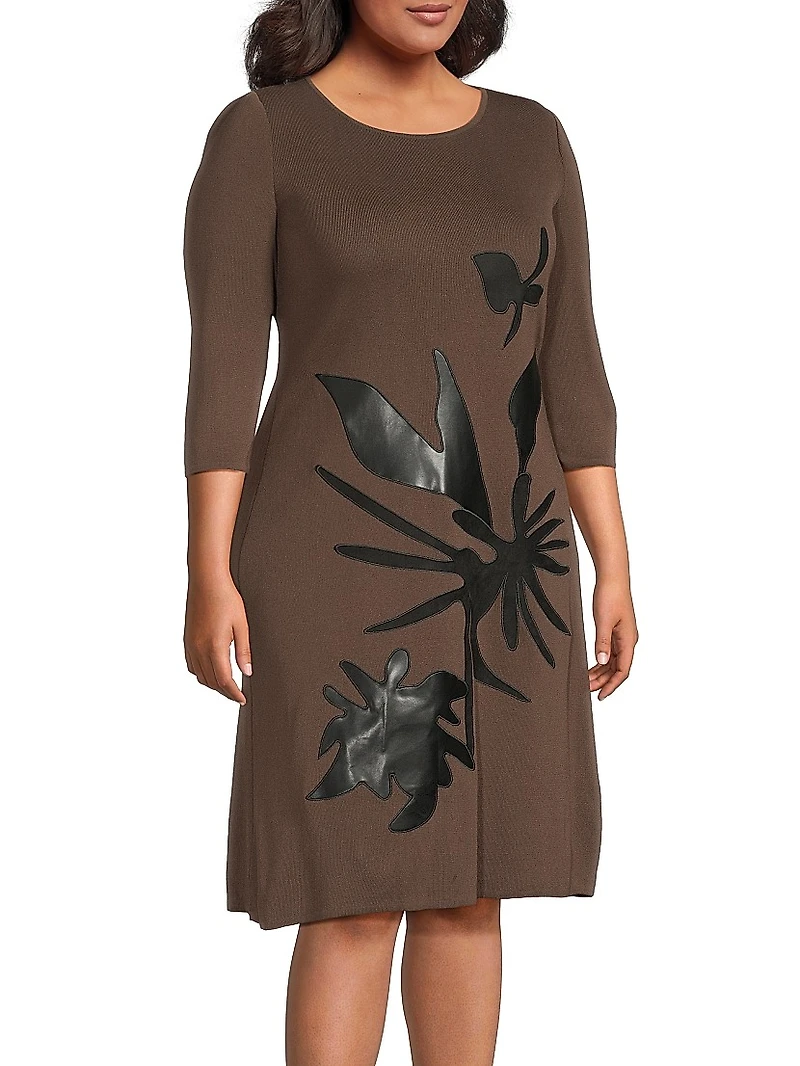 Plus Botanical Appliqué Knit Knee-Length Dress