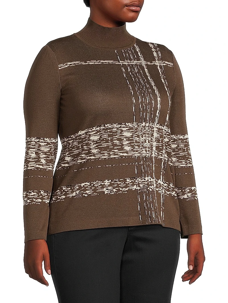Plus Jacquard Soft Knit Mock-Turtleneck Tunic Top