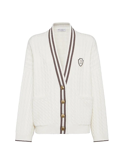 Cashmere Cable Knit Cardigan with Logo and Metal Buttons