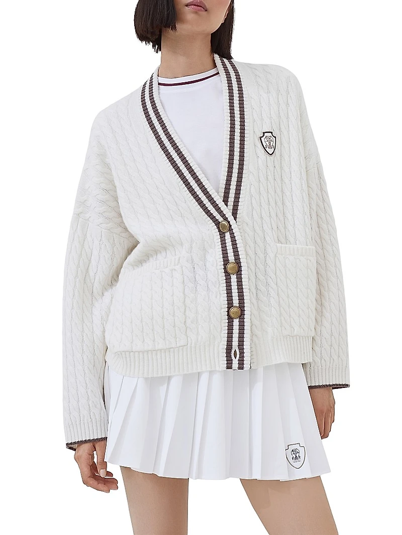 Cashmere Cable Knit Cardigan with Logo and Metal Buttons