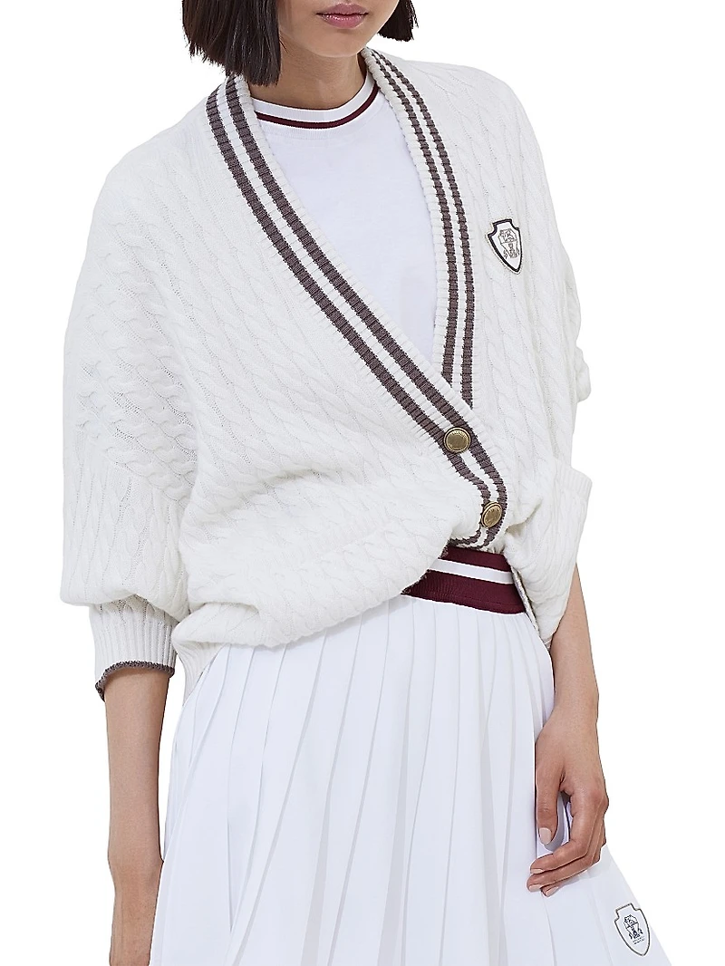 Cashmere Cable Knit Cardigan with Logo and Metal Buttons