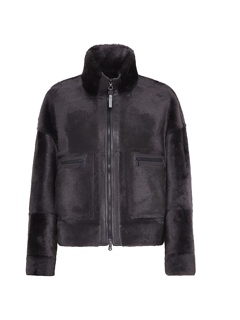 Shearling Outerwear Jacket with Shiny Zipper Pull
