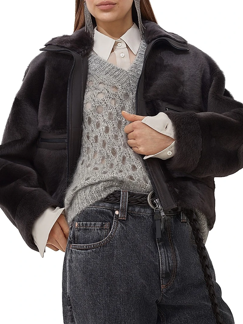 Shearling Outerwear Jacket with Shiny Zipper Pull