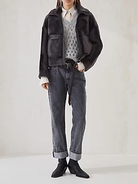 Shearling Outerwear Jacket with Shiny Zipper Pull