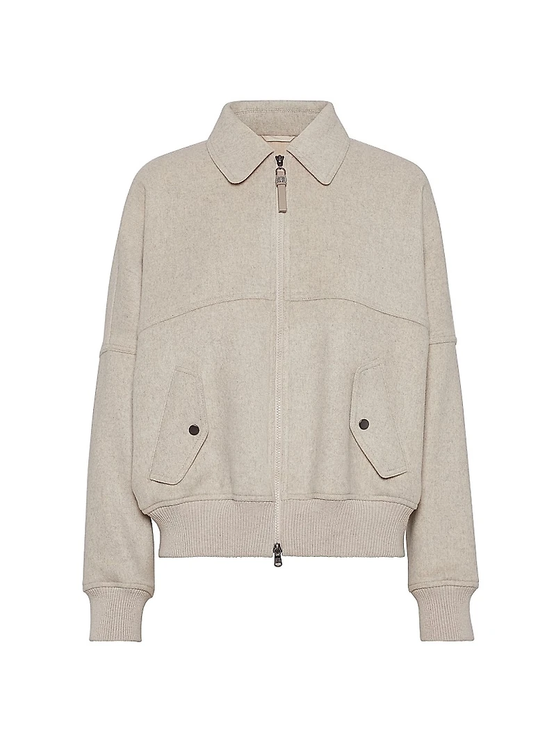 Cashmere wnd Wool Double Cloth Bomber Jacket with Shiny Zipper Pull