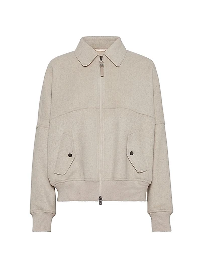 Cashmere wnd Wool Double Cloth Bomber Jacket with Shiny Zipper Pull