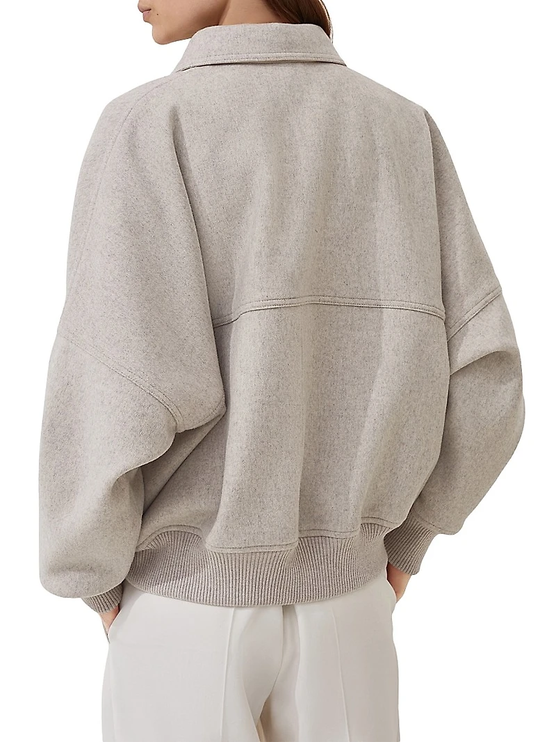 Cashmere wnd Wool Double Cloth Bomber Jacket with Shiny Zipper Pull