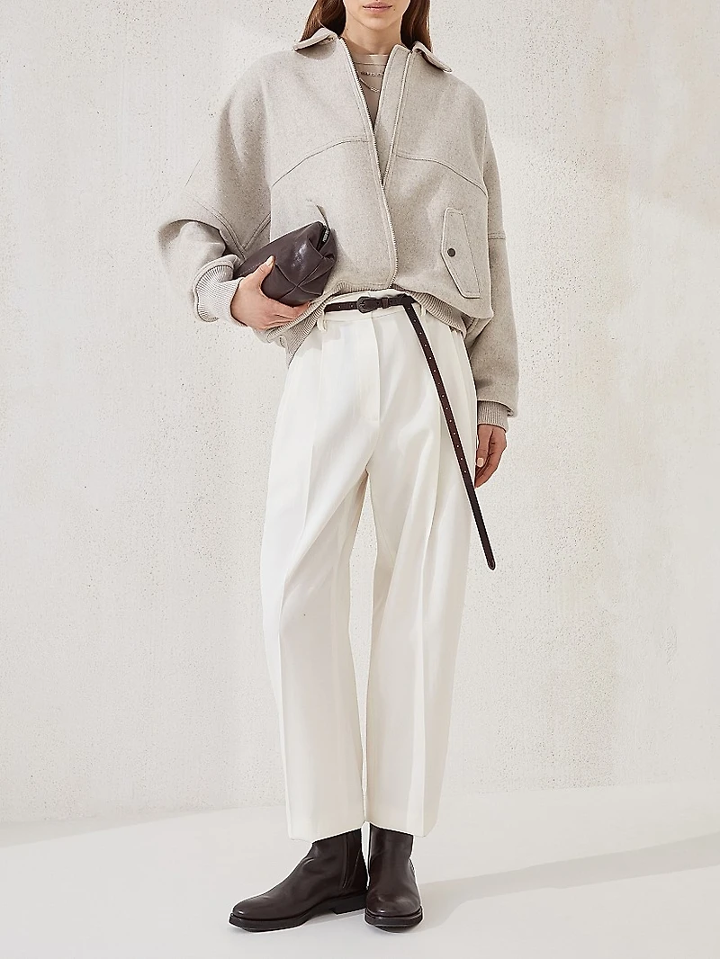 Cashmere wnd Wool Double Cloth Bomber Jacket with Shiny Zipper Pull