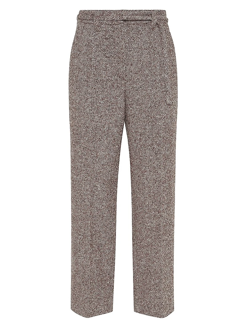 Techno Virgin Wool and Silk Mélange Diagonal Straight Cropped Trousers with Monili