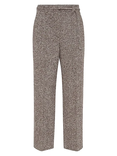 Techno Virgin Wool and Silk Mélange Diagonal Straight Cropped Trousers with Monili