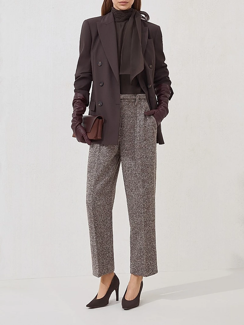 Techno Virgin Wool and Silk Mélange Diagonal Straight Cropped Trousers with Monili