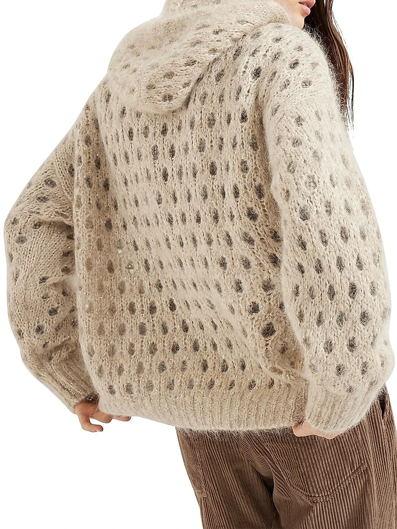 Wispy Mohair and Wool Dazzling Net Cardigan with Hood