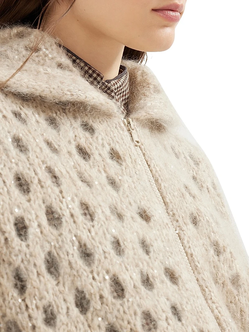 Wispy Mohair and Wool Dazzling Net Cardigan with Hood