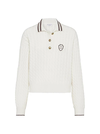 Cashmere Cable Knit Polo Shirt with Logo and Metal Buttons