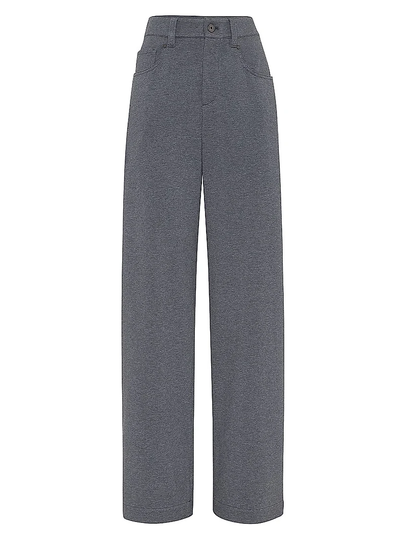 Stretch Cotton Lightweight French Terry Loose Five Pocket Trousers with Monili