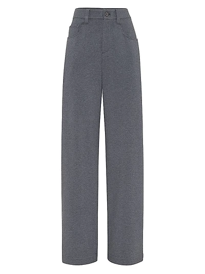 Stretch Cotton Lightweight French Terry Loose Five Pocket Trousers with Monili
