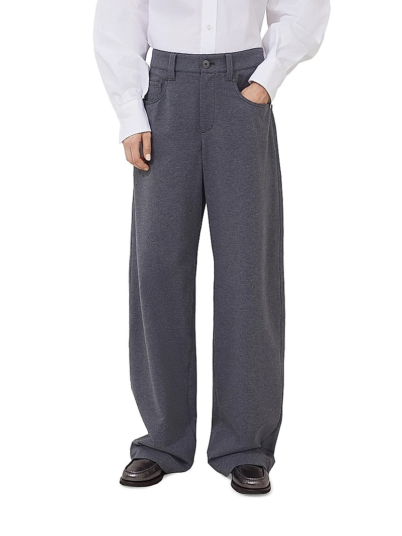 Stretch Cotton Lightweight French Terry Loose Five Pocket Trousers with Monili