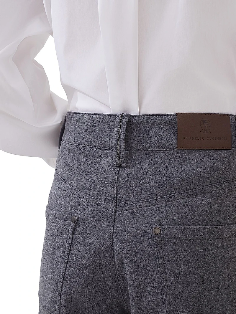 Stretch Cotton Lightweight French Terry Loose Five Pocket Trousers with Monili