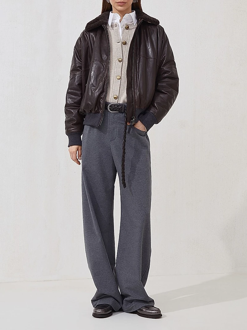 Stretch Cotton Lightweight French Terry Loose Five Pocket Trousers with Monili