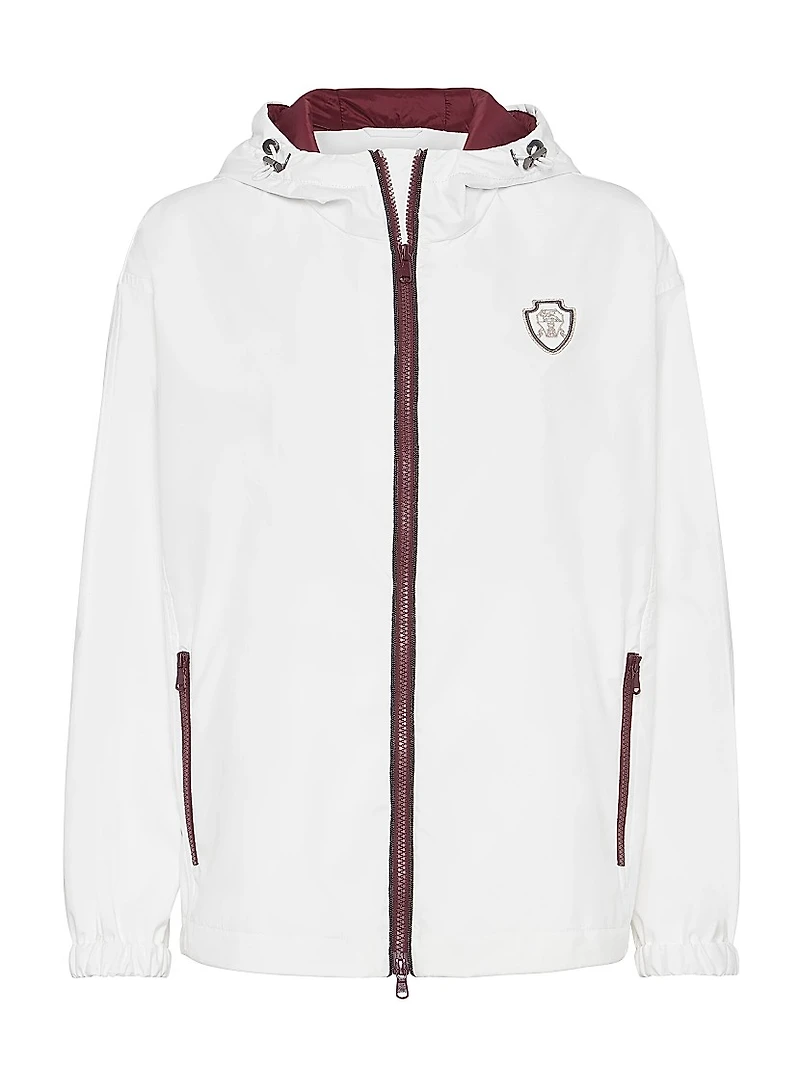 Nylon Hooded Outerwear Jacket with Logo and Precious Trims