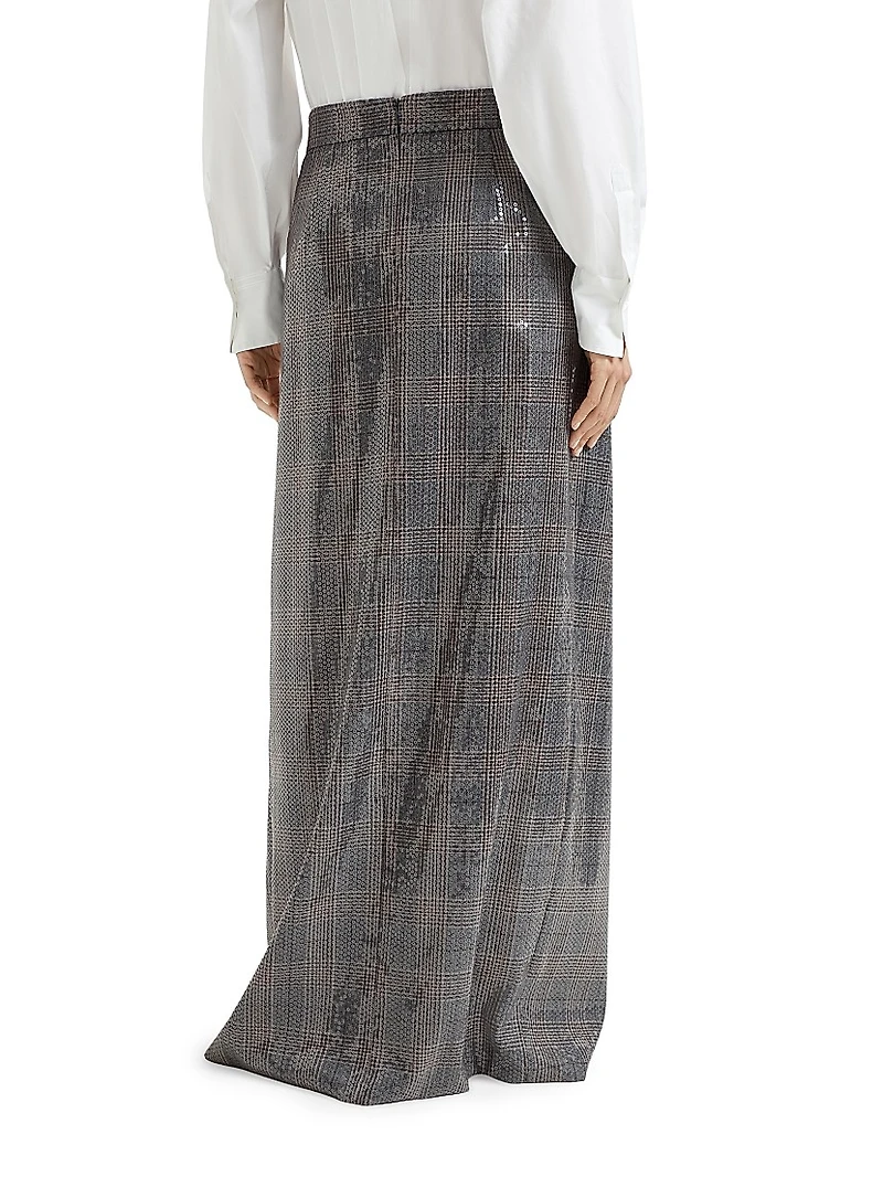 Virgin Wool Prince of Wales Couture Sartorial Skirt with Dazzling Embroidery