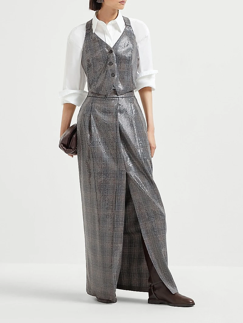 Virgin Wool Prince of Wales Couture Sartorial Skirt with Dazzling Embroidery