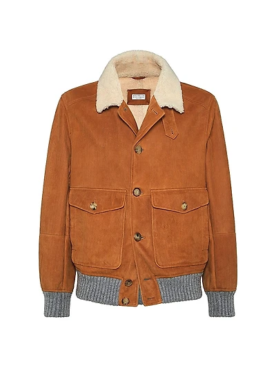 Corduroy Effect Suede Shearling Aviator Jacket