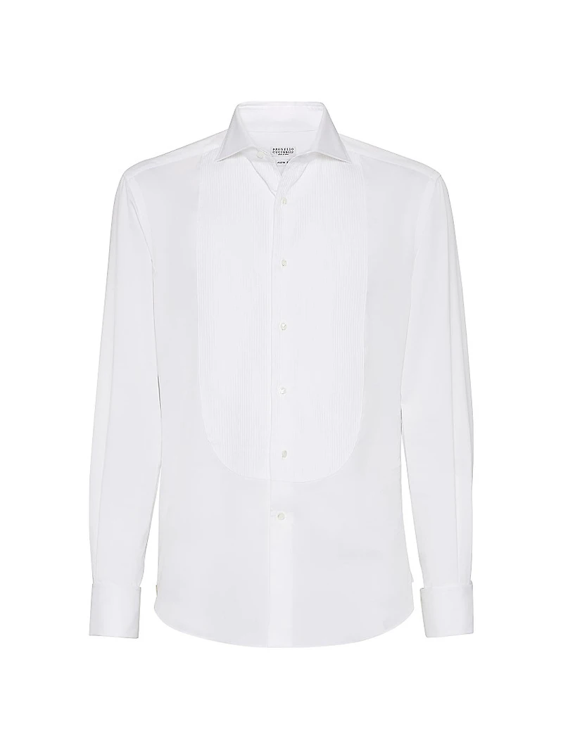 Cotton Twill Slim Fit Tuxedo Shirt with Pleated Bib