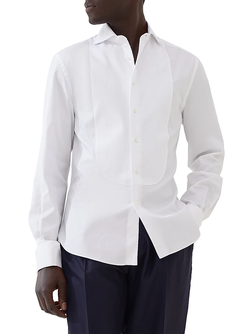 Cotton Twill Slim Fit Tuxedo Shirt with Pleated Bib