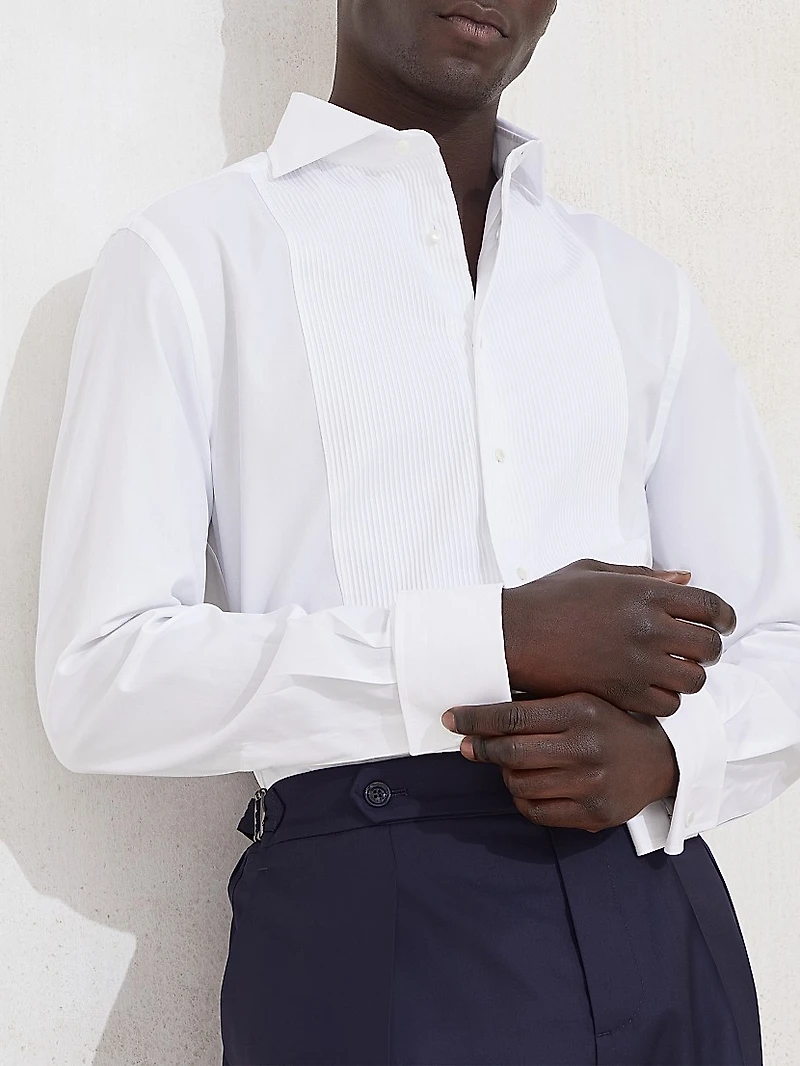 Cotton Twill Slim Fit Tuxedo Shirt with Pleated Bib