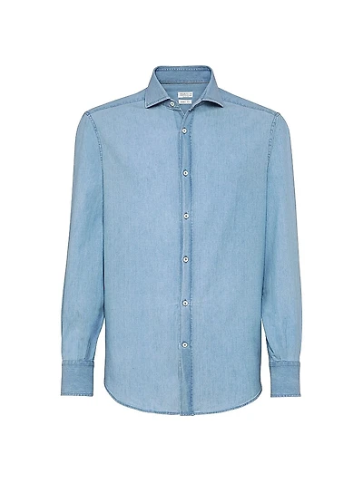 Denim Effect Chambray Basic Fit Shirt with Spread Collar