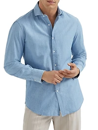 Denim Effect Chambray Basic Fit Shirt with Spread Collar