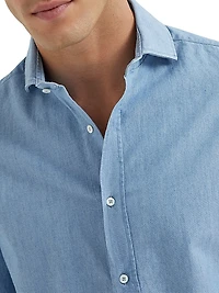 Denim Effect Chambray Basic Fit Shirt with Spread Collar