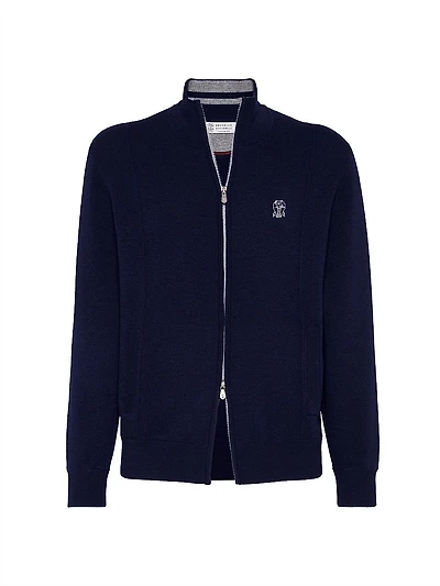 Cashmere Double Knit Cardigan with Zipper and Logo