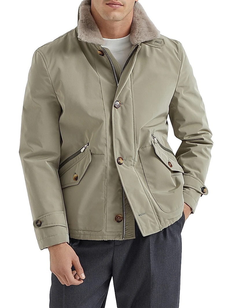 Bonded Nylon Outerwear Jacket with Detachable Shearling Insert