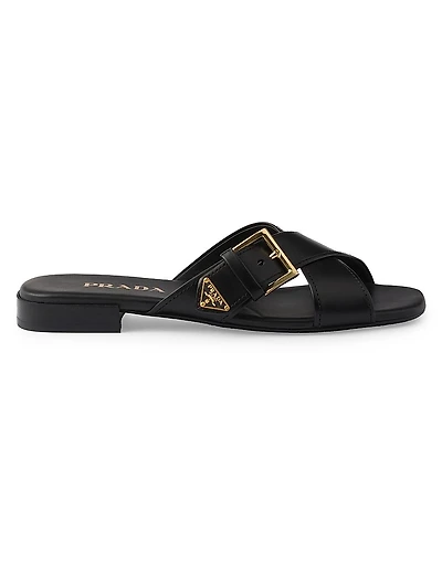 Leather Crisscross Slides with Buckle