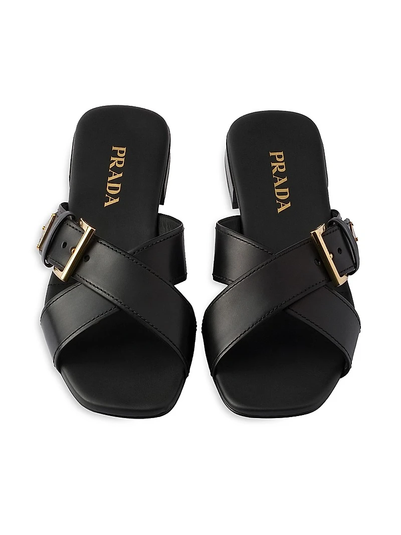 Leather Crisscross Slides with Buckle