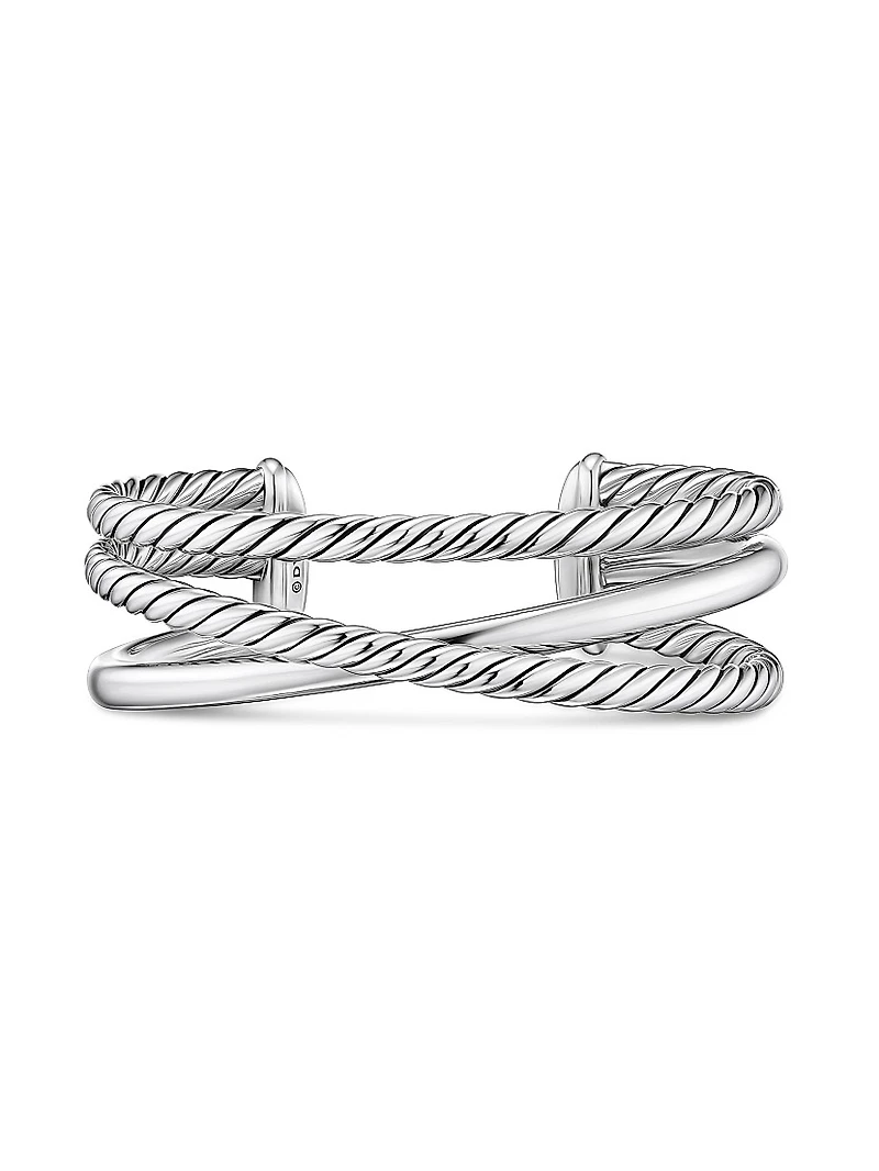 Bold Crossover Three Row Cuff Bracelet in Sterling Silver, 19MM