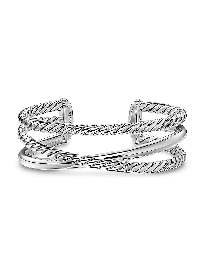 Bold Crossover Three Row Cuff Bracelet in Sterling Silver, 19MM