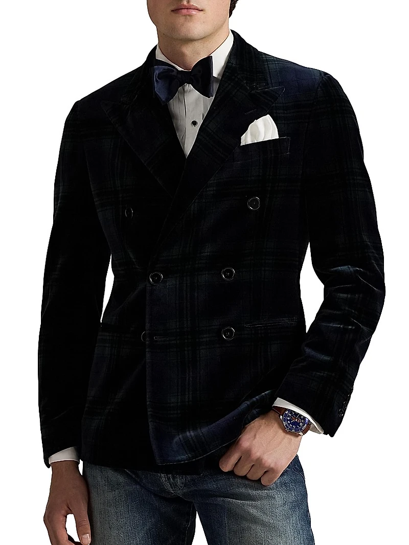 Double-Breasted Velvet Plaid Polo Jacket