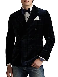 Double-Breasted Velvet Plaid Polo Jacket