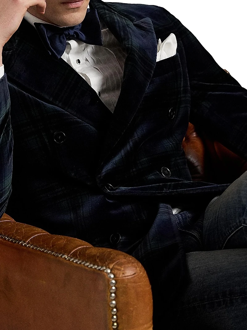 Double-Breasted Velvet Plaid Polo Jacket