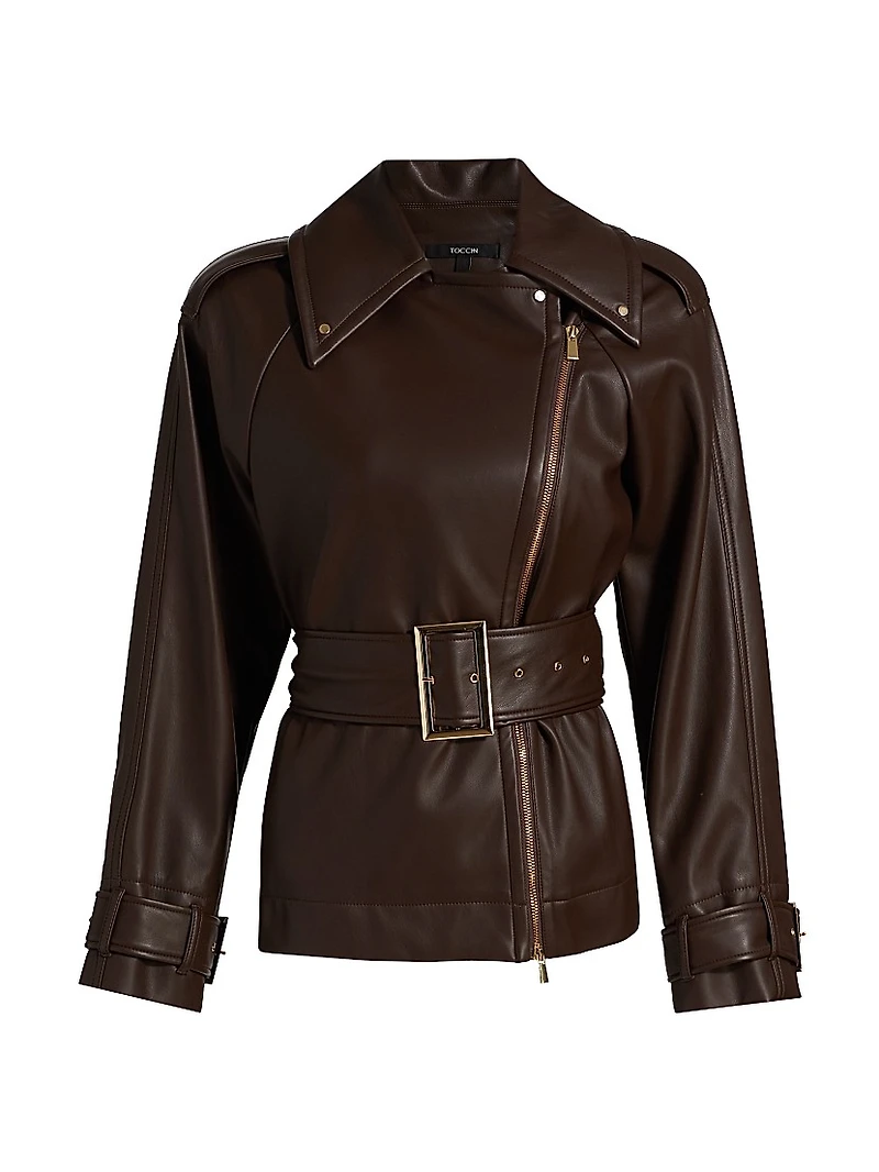 Faux Leather Belted Biker Jacket